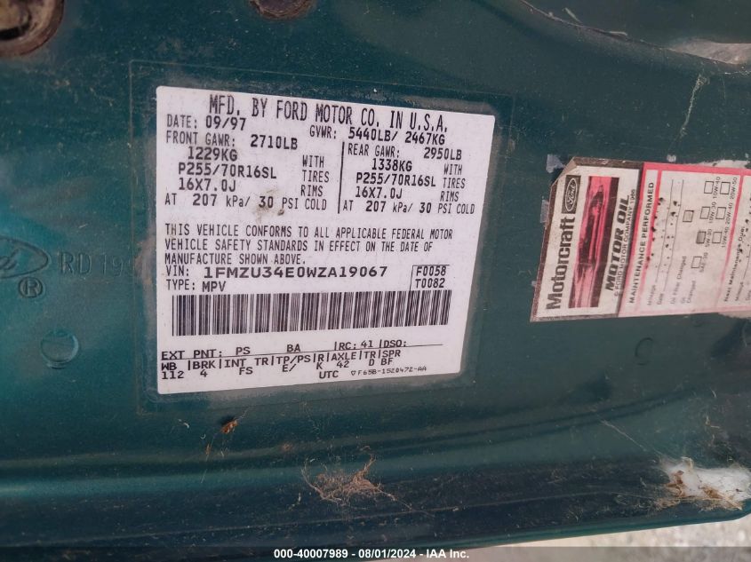 1998 Ford Explorer Eddie Bauer/Limited/Xl/Xlt VIN: 1FMZU34E0WZA19067 Lot: 40007989