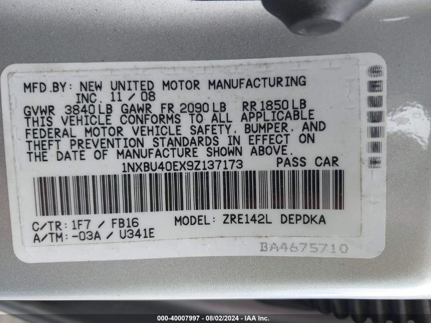 2009 Toyota Corolla S/Le/Xle VIN: 1NXBU40EX9Z137173 Lot: 40007997