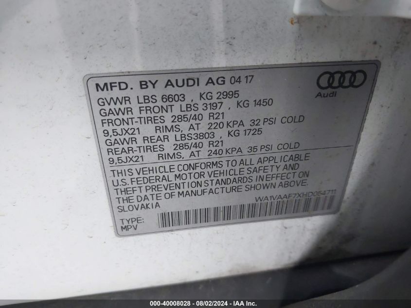 2017 Audi Q7 3.0T Premium VIN: WA1VAAF7XHD054711 Lot: 40008028
