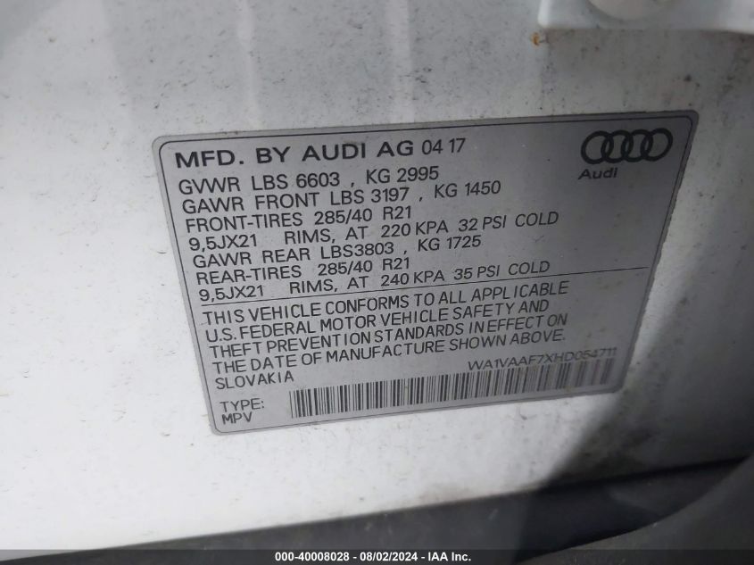 WA1VAAF7XHD054711 2017 Audi Q7 3.0T Premium