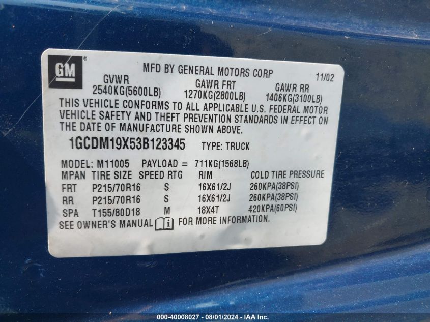 2003 Chevrolet Astro VIN: 1GCDM19X53B123345 Lot: 40008027