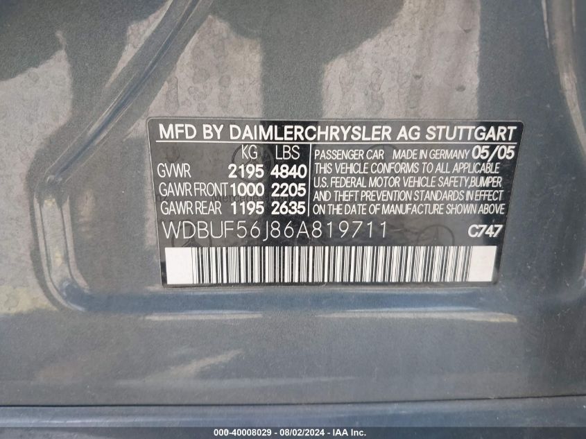 2006 Mercedes-Benz E 350 350 VIN: WDBUF56J86A819711 Lot: 40008029