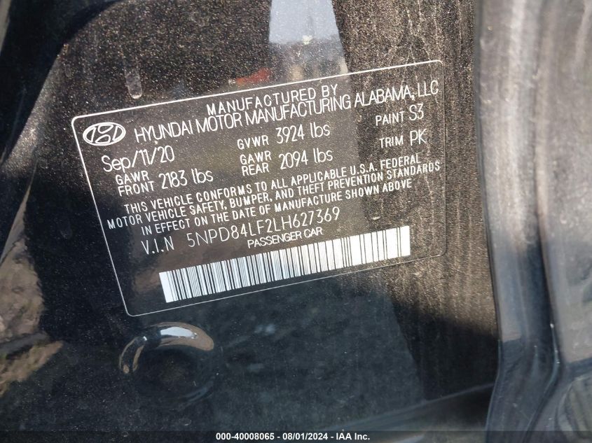 2020 Hyundai Elantra Sel/Value/Limited VIN: 5NPD84LF2LH627369 Lot: 40008065