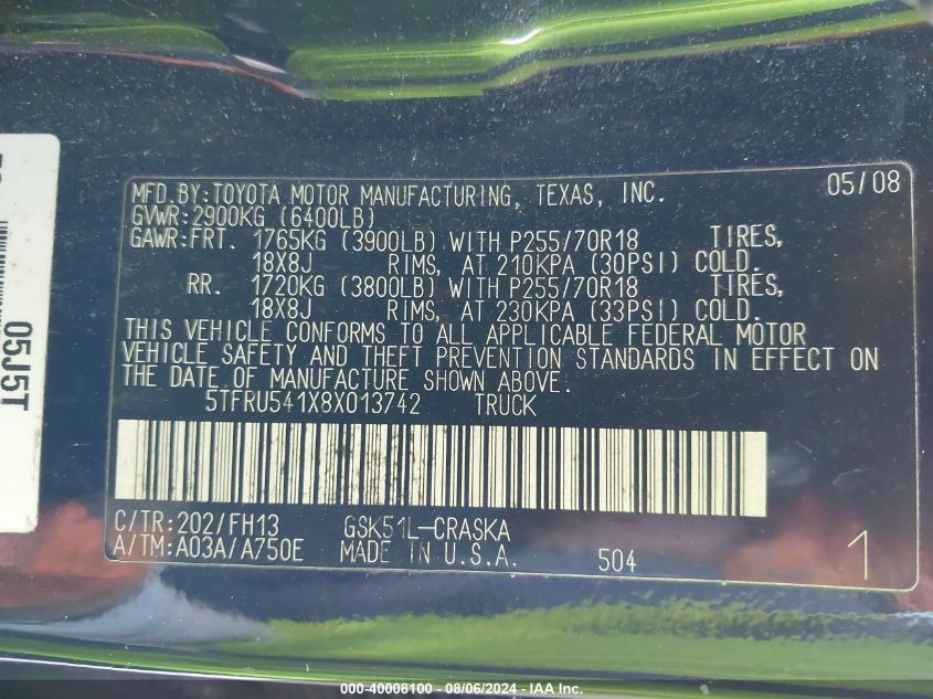 2008 Toyota Tundra Base V6 VIN: 5TFRU541X8X013742 Lot: 40008100