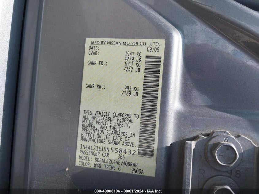 2009 Nissan Altima 2.5 S VIN: 1N4AL21E19N558432 Lot: 40008106