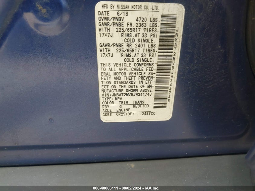 2018 NISSAN ROGUE SV - JN8AT2MV9JW344748