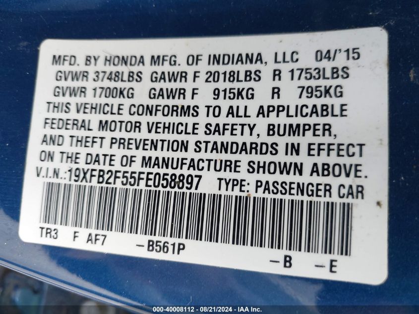 2015 Honda Civic Lx VIN: 19XFB2F55FE058897 Lot: 40008112