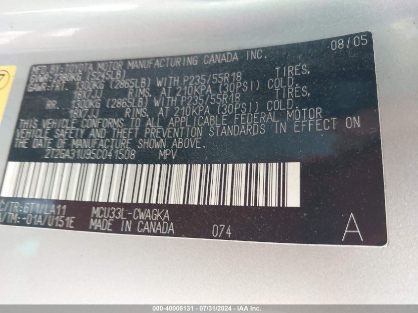 2005 Lexus Rx 330 VIN: 2T2GA31U95C041508 Lot: 40008131