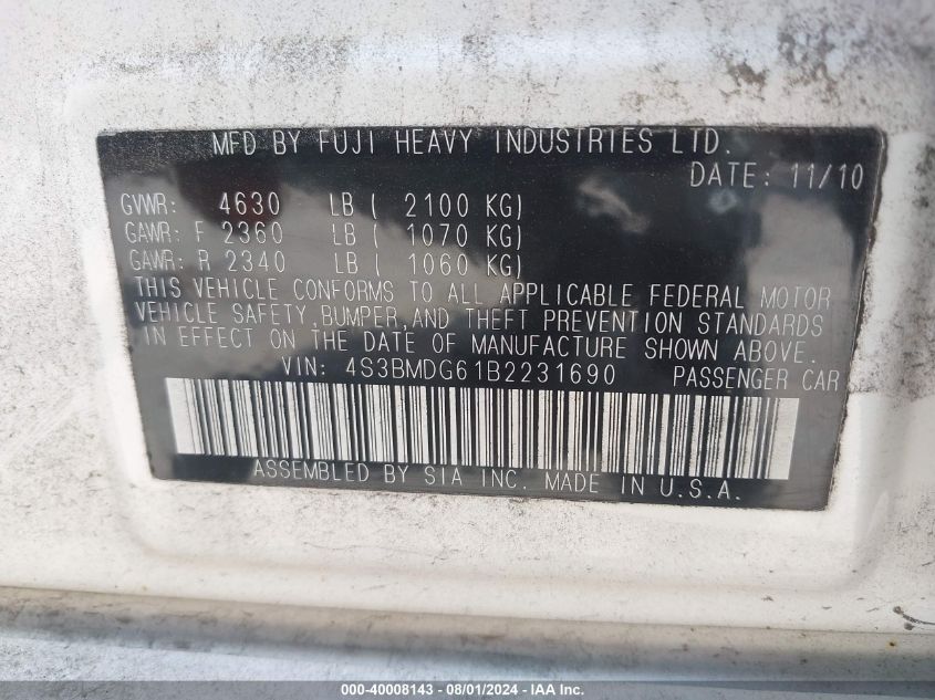 2011 Subaru Legacy 3.6R Premium VIN: 4S3BMDG61B2231690 Lot: 40008143