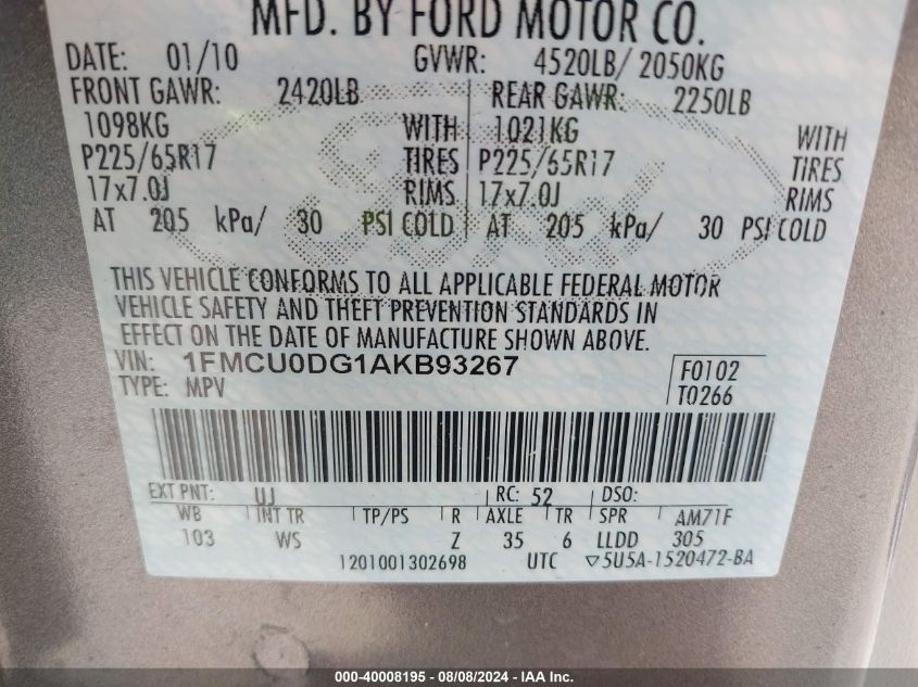 2010 Ford Escape Xlt VIN: 1FMCU0DG1AKB93267 Lot: 40008195