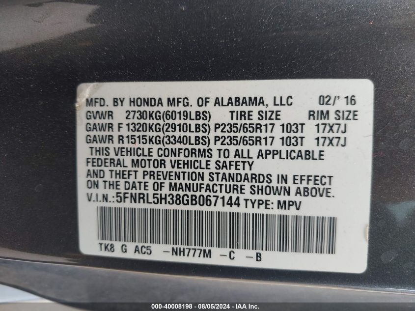 2016 Honda Odyssey Se VIN: 5FNRL5H38GB067144 Lot: 40008198