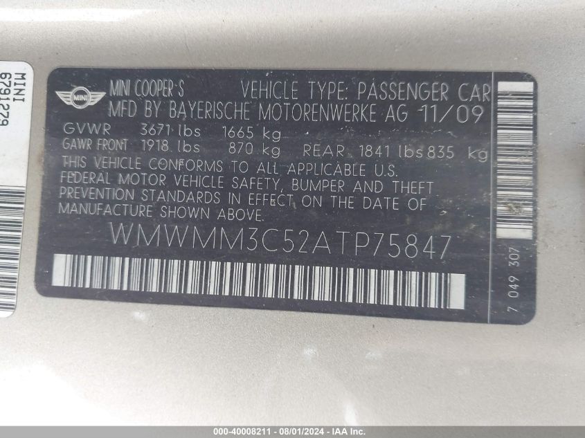 2010 Mini Cooper S Clubman VIN: WMWMM3C52ATP75847 Lot: 40008211