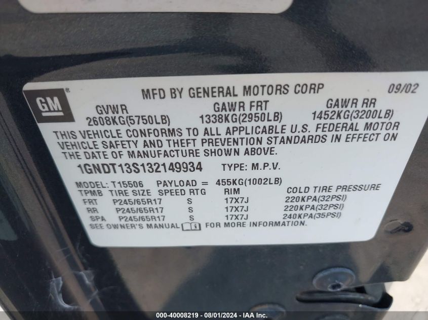 2003 Chevrolet Trailblazer Ltz VIN: 1GNDT13S132149934 Lot: 40008219