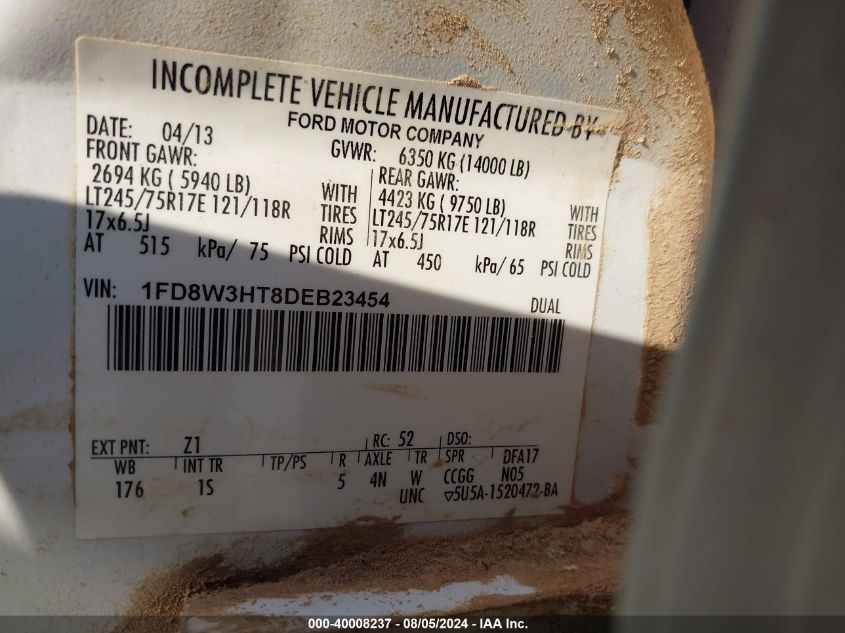 2013 Ford F350 Super Duty VIN: 1FD8W3HT8DEB2454 Lot: 40008237