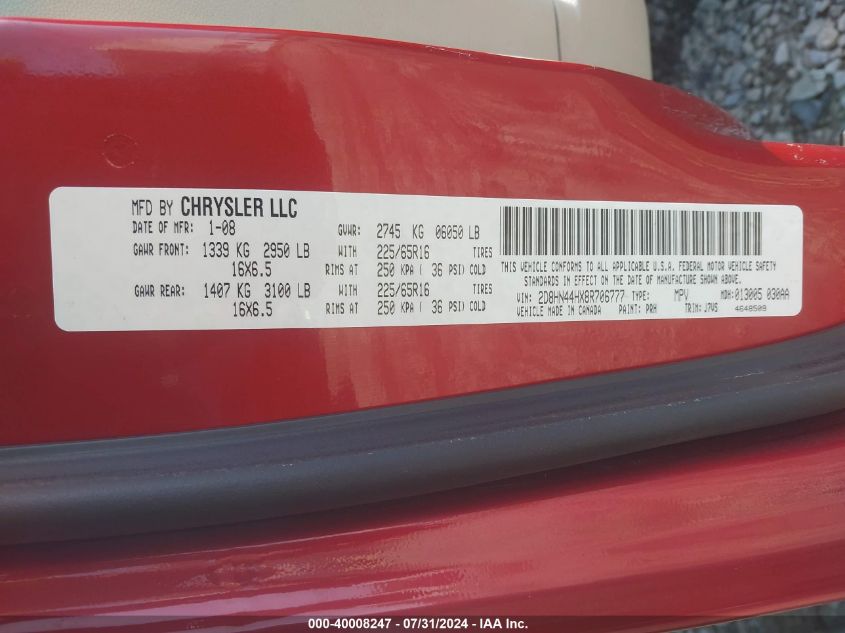 2008 Dodge Grand Caravan Se VIN: 2D8HN44HX8R706777 Lot: 40008247