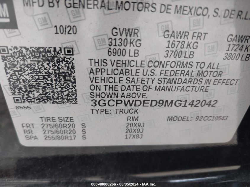 2021 Chevrolet Silverado 1500 2Wd Short Bed Rst VIN: 3GCPWDED9MG142042 Lot: 40008266