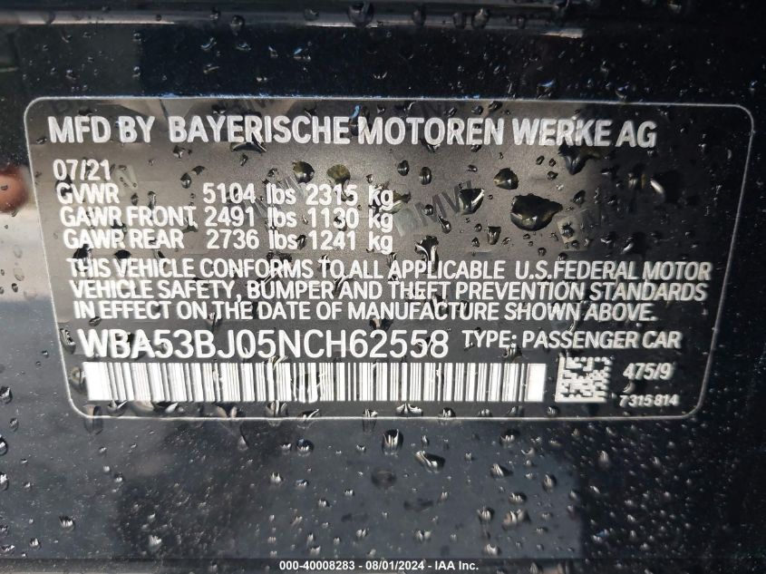 WBA53BJ05NCH62558 2022 BMW 540 I