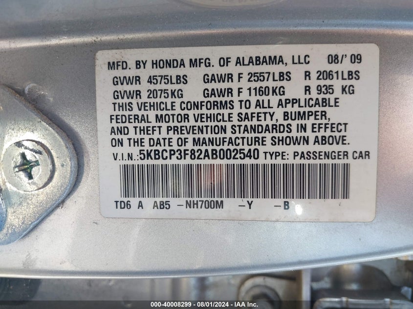 2010 Honda Accord 3.5 Ex-L VIN: 5KBCP3F82AB002540 Lot: 40008299