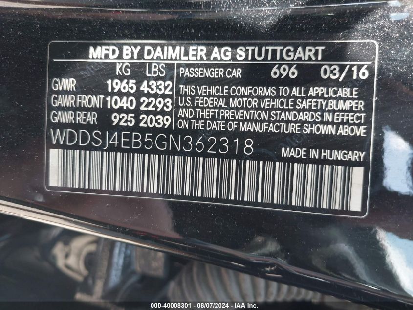 WDDSJ4EB5GN362318 2016 Mercedes-Benz Cla 250