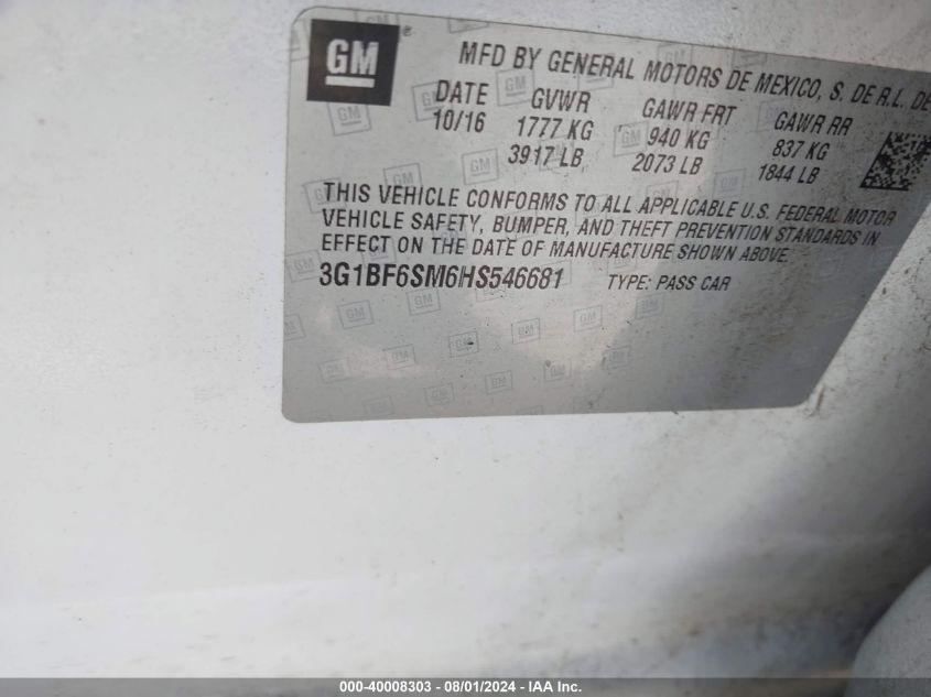 2017 Chevrolet Cruze Premier Auto VIN: 3G1BF6SM6HS546681 Lot: 40008303