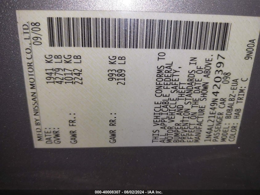 2009 Nissan Altima 2.5 S VIN: 1N4AL21E49N420397 Lot: 40008307