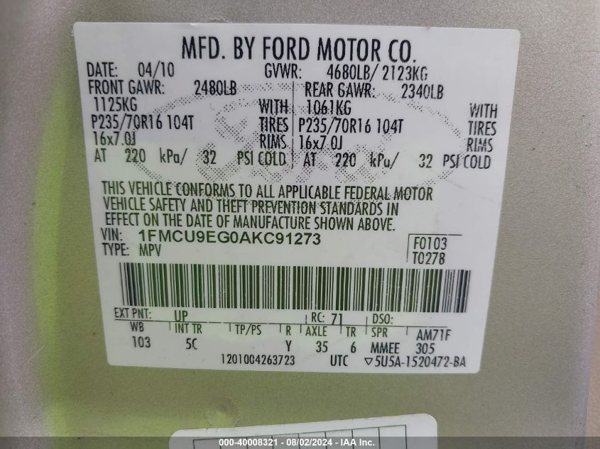 2010 Ford Escape Limited VIN: 1FMCU9EG0AKC91273 Lot: 40008321