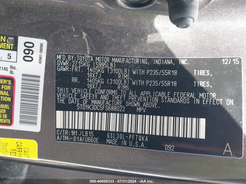 2015 TOYOTA SIENNA LIMITED 7 PASSENGER - 5TDYK3DC5FS688022