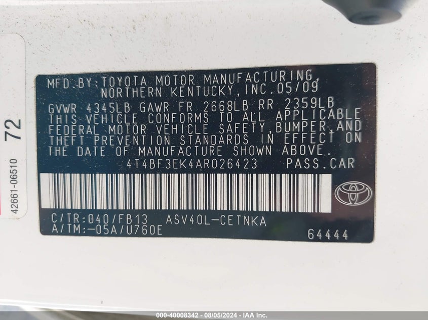 2010 Toyota Camry Le VIN: 4T4BF3EK4AR026423 Lot: 40008342