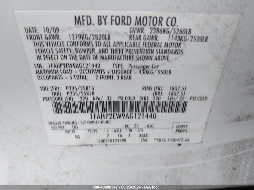2010 Ford Taurus Sel VIN: 1FAHP2EW9AG121440 Lot: 40008347
