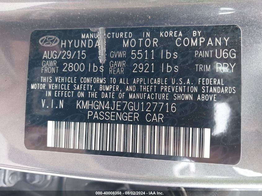 2016 HYUNDAI GENESIS 3.8L - KMHGN4JE7GU127716