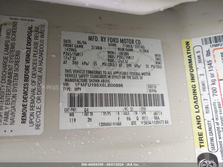 2006 Ford Expedition Limited VIN: 1FMFU195X6LB00886 Lot: 40008359