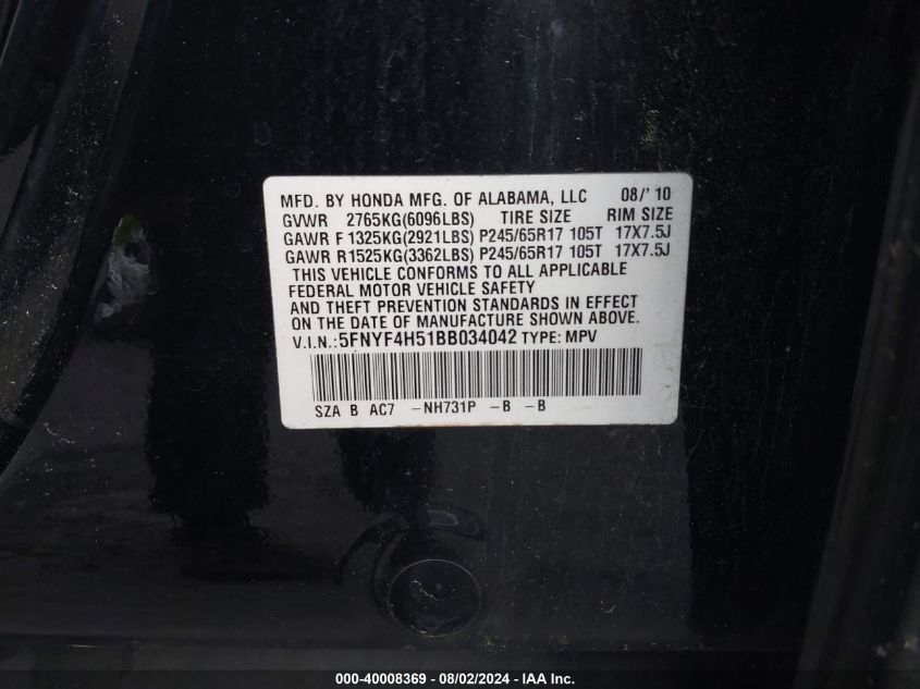 2011 Honda Pilot Ex-L VIN: 5FNYF4H51BB034042 Lot: 40008369