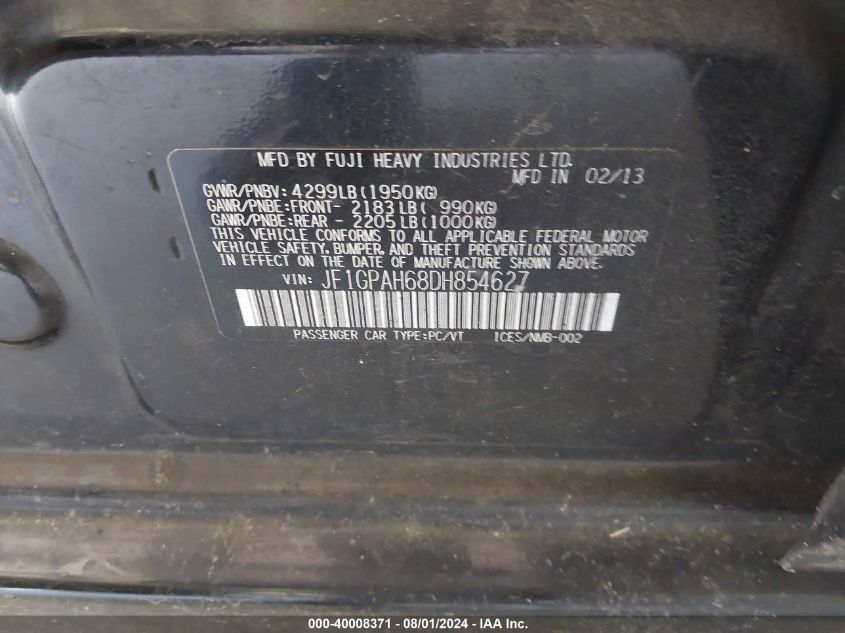 2013 Subaru Impreza 2.0I Limited VIN: JF1GPAH68DH854627 Lot: 40008371