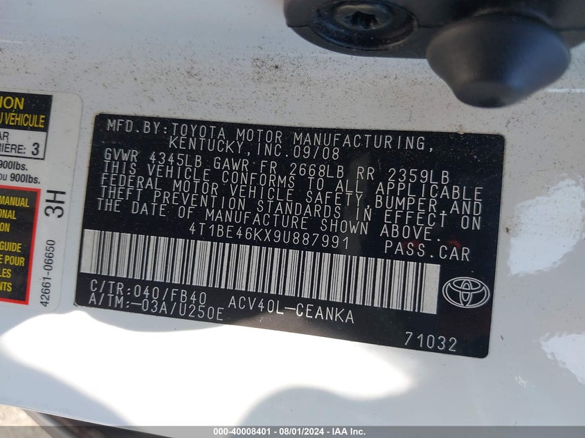 2009 Toyota Camry Le VIN: 4T1BE46KX9U887991 Lot: 40008401