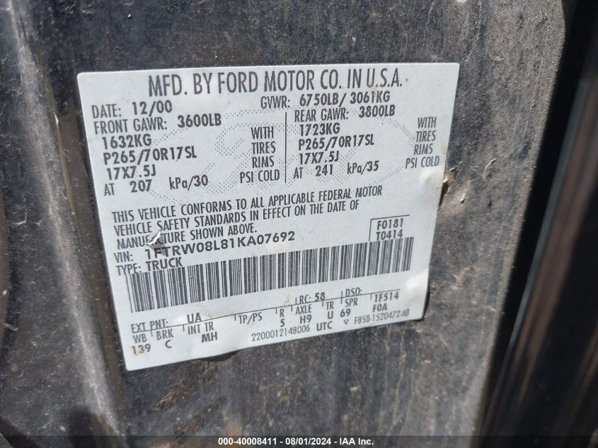 2001 Ford F-150 King Ranch Edition/Lariat/Xlt VIN: 1FTRW08L81KA07692 Lot: 40008411