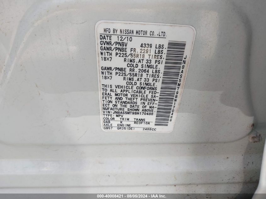 2011 Nissan Rogue S/Sv/Krom VIN: JN8AS5MT9BW170488 Lot: 40008421