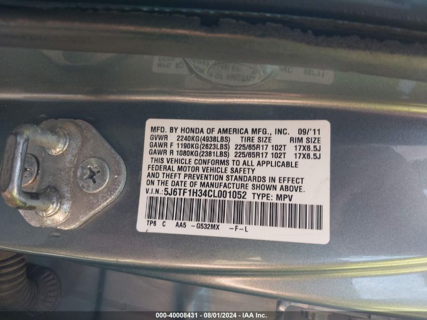 2012 Honda Crosstour Ex VIN: 5J6TF1H34CL001052 Lot: 40008431