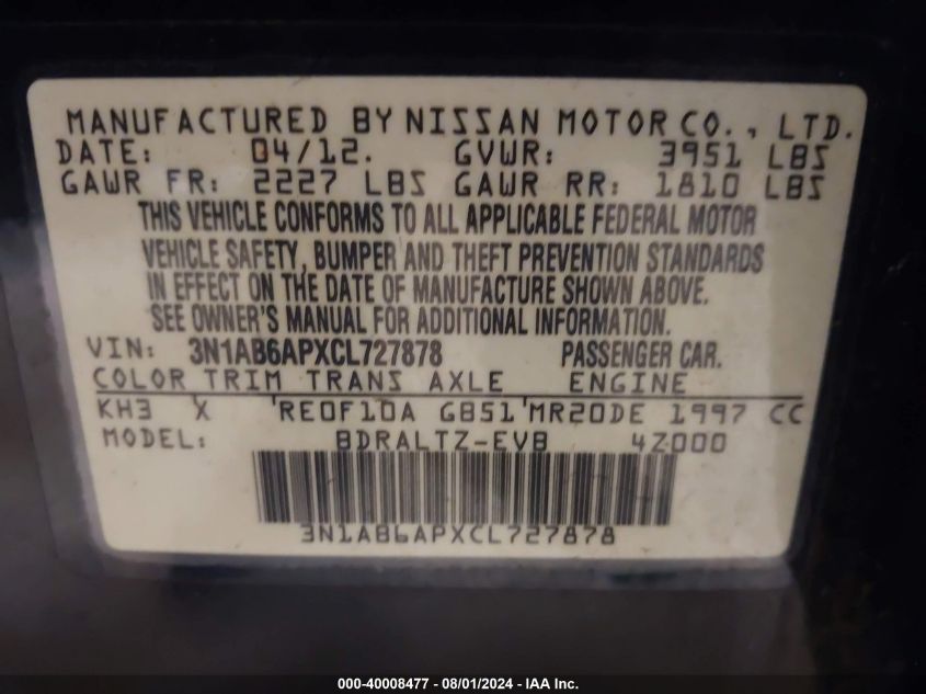 2012 NISSAN SENTRA VIN: 1FADP3N26GL375155