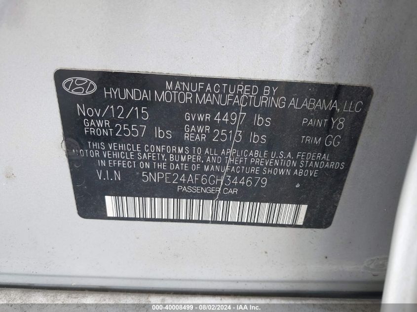2016 Hyundai Sonata Se VIN: 5NPE24AF6GH344679 Lot: 40008499
