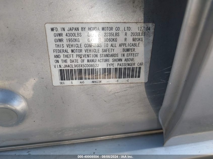 2005 Acura Tsx VIN: JH4CL968X5C008522 Lot: 40008504