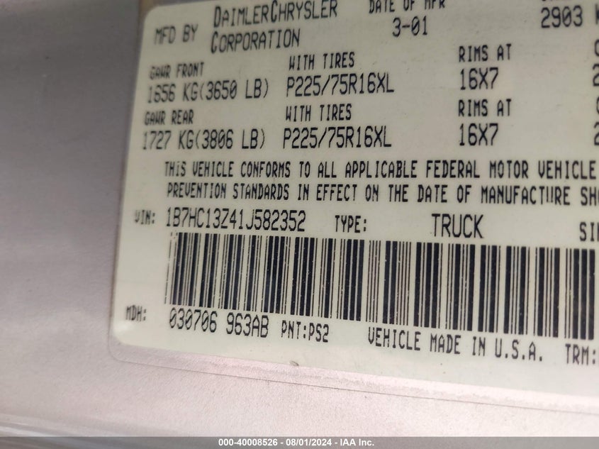 2001 Dodge Ram 1500 VIN: 1B7HC13Z41J582352 Lot: 40008526