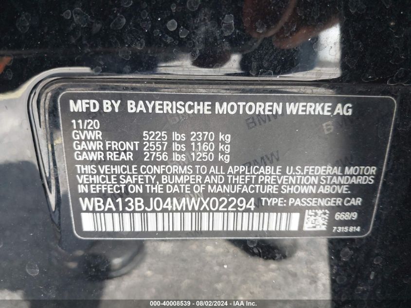 2021 BMW 530I xDrive VIN: WBA13BJ04MWX02294 Lot: 40008539