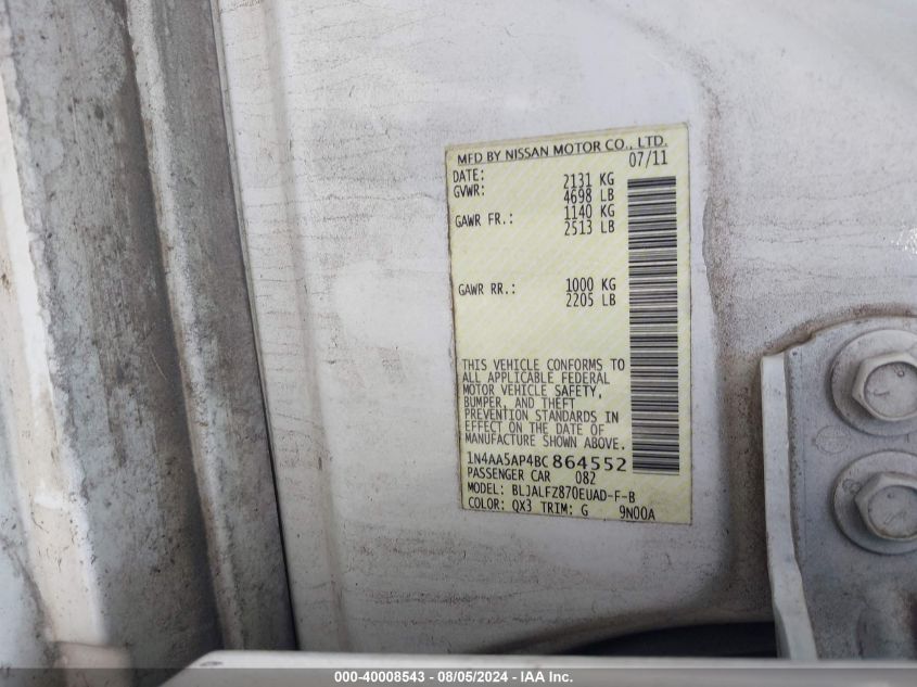 2011 Nissan Maxima S/Sv VIN: 1N4AA5AP4BC864552 Lot: 40008543
