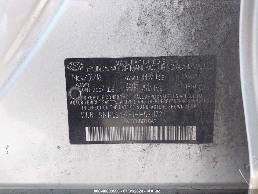 5NPE24AF1HH521172 | 2017 HYUNDAI SONATA