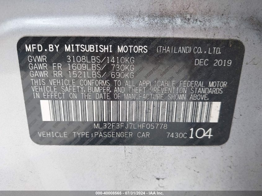 2020 Mitsubishi Mirage G4 Es VIN: ML32F3FJ7LHF05778 Lot: 40008565