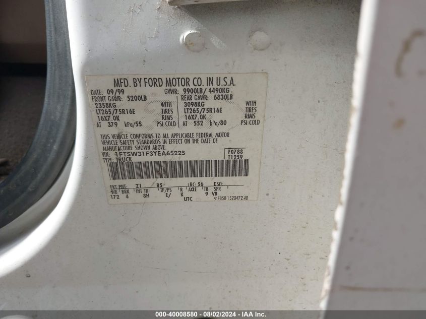 2000 Ford F-350 Lariat/Xl/Xlt VIN: 1FTSW31F3YEA65225 Lot: 40008580