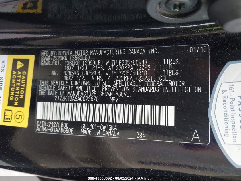 2010 Lexus Rx 350 350 VIN: 2T2ZK1BA9AC023678 Lot: 40008592