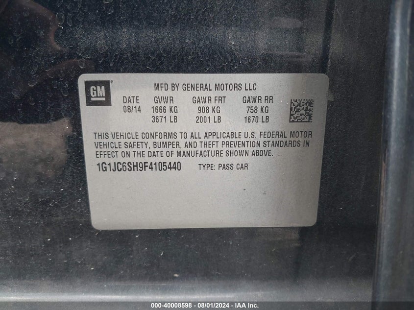 2015 Chevrolet Sonic Lt Auto VIN: 1G1JC6SH9F4105440 Lot: 40008598