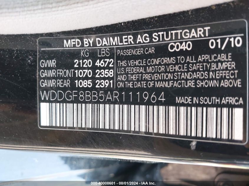 WDDGF8BB5AR111964 | 2010 MERCEDES-BENZ C 300