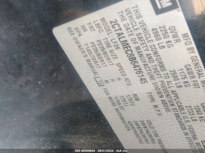 2011 GMC Terrain Sle-1 VIN: 2CTALMEC8B6476145 Lot: 40008644